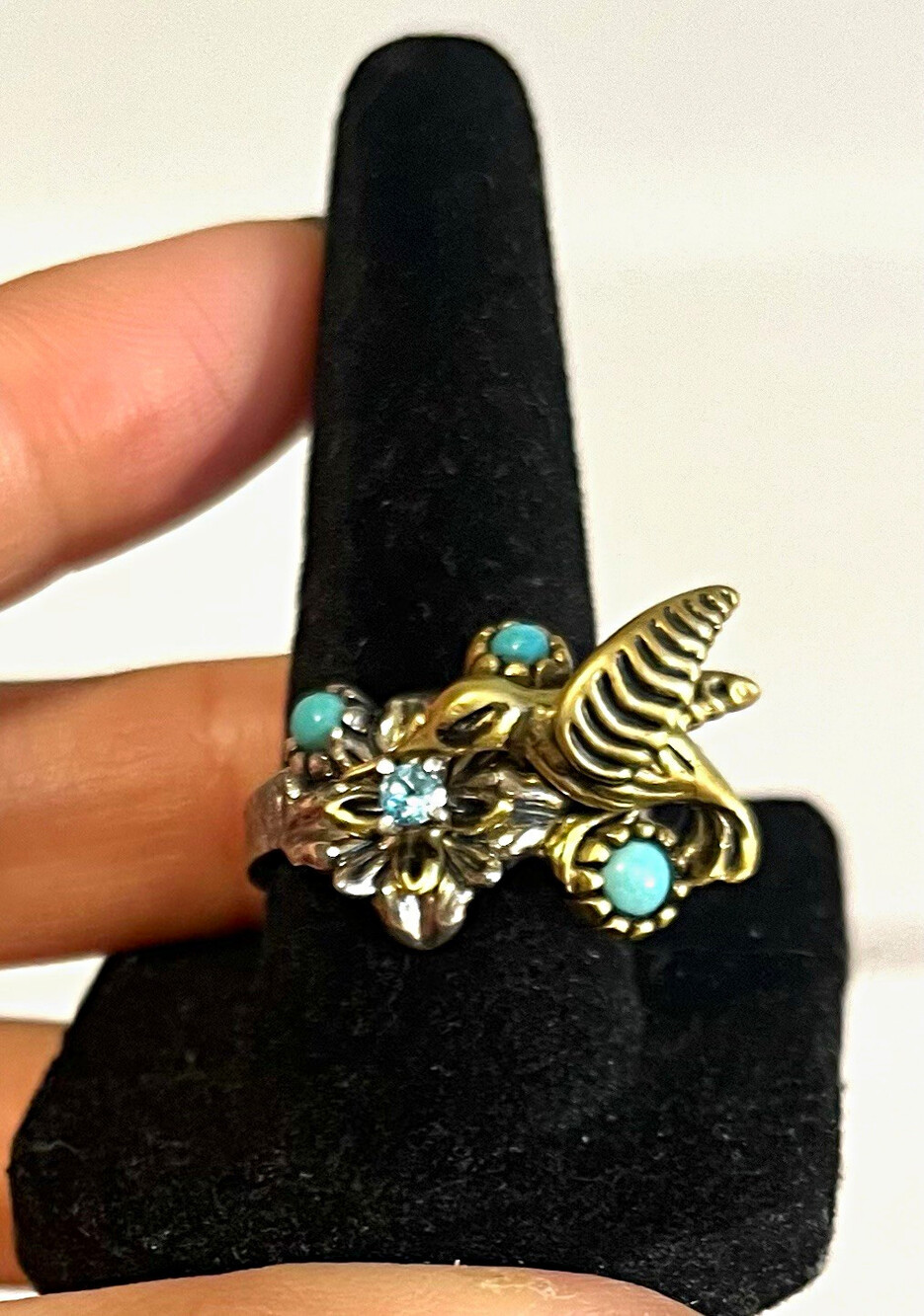 Caroline pollack humming bird and flowers ring. Sterling silver turquoise size 7